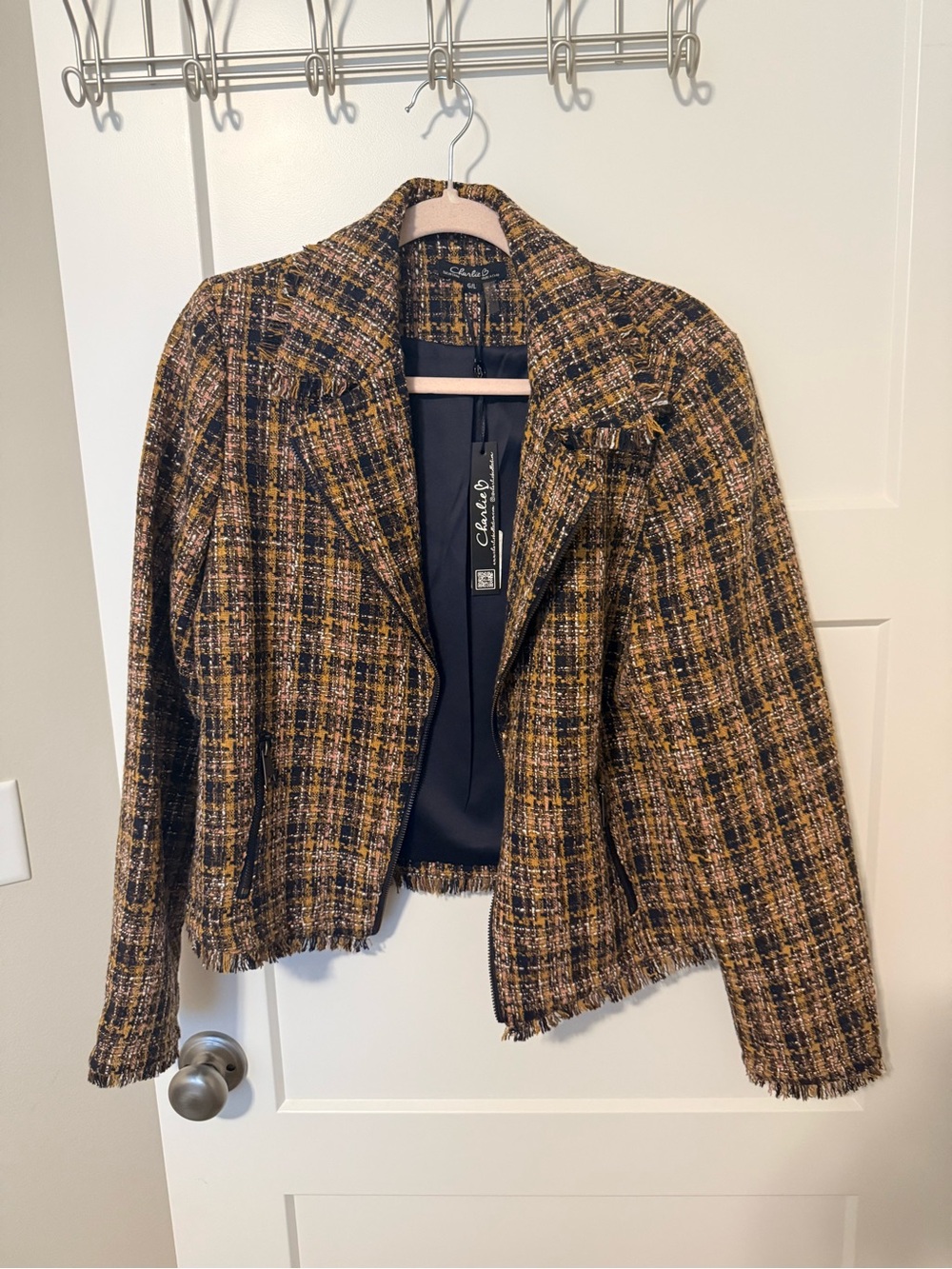 Charlie B Tweed Frayed Hem Moto Jacket in Plaid
